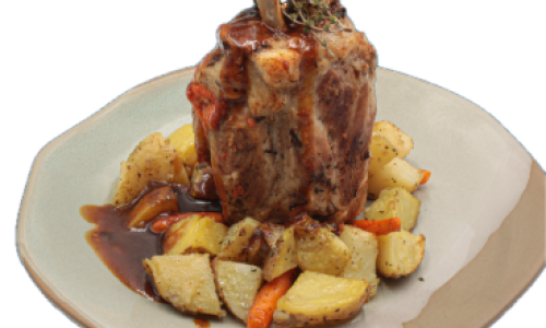 Бавно печен свински джолан с билкови картофи / Slow roasted pork knuckle with herbal potatoes