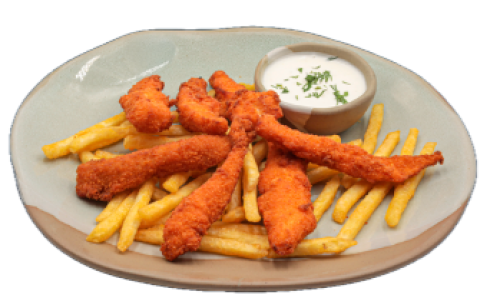Хрупкави пилешки  пръчици с пържени картофи / Crispy chicken sticks with fried potatoes
